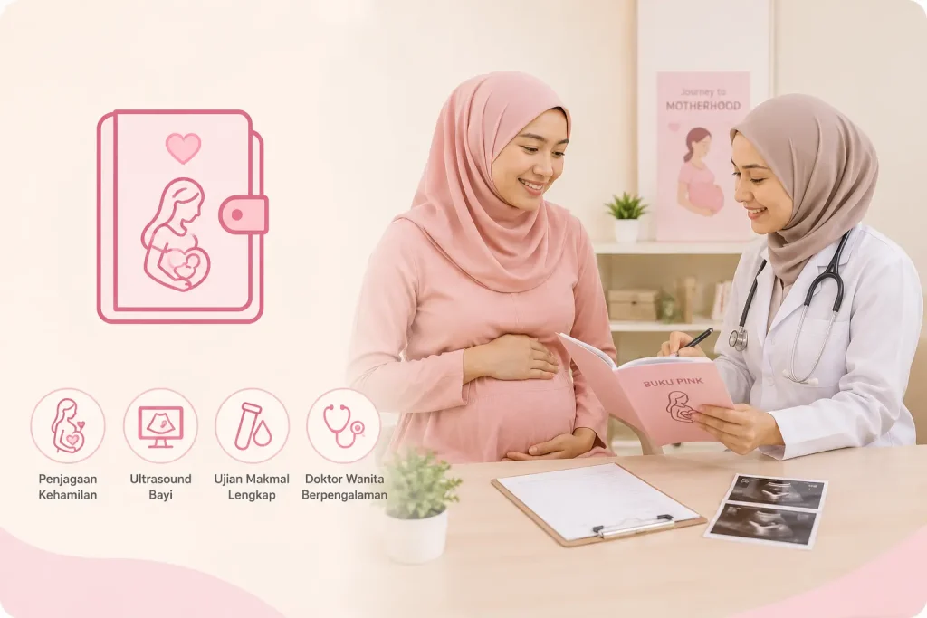 Ibu hamil membuka Buku Pink dan pemeriksaan kehamilan di Klinik Nur Medicare