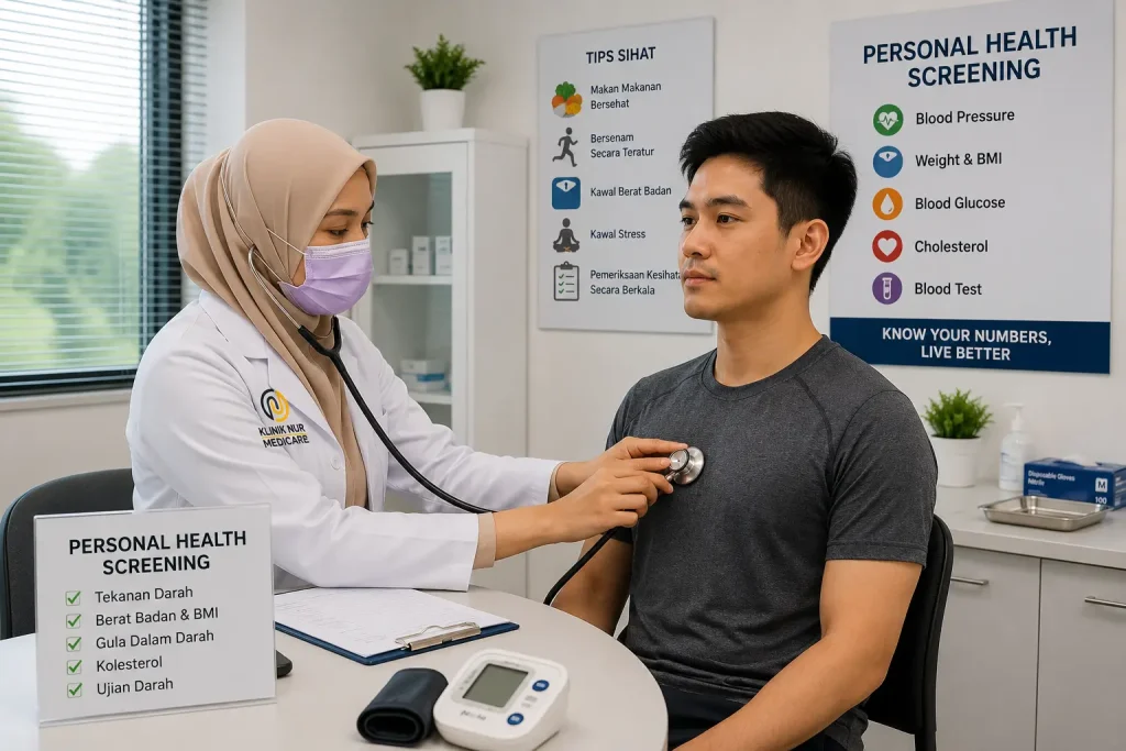 Personal health screening untuk tekanan darah BMI gula kolesterol dan ujian darah di Klinik Nur Medicare