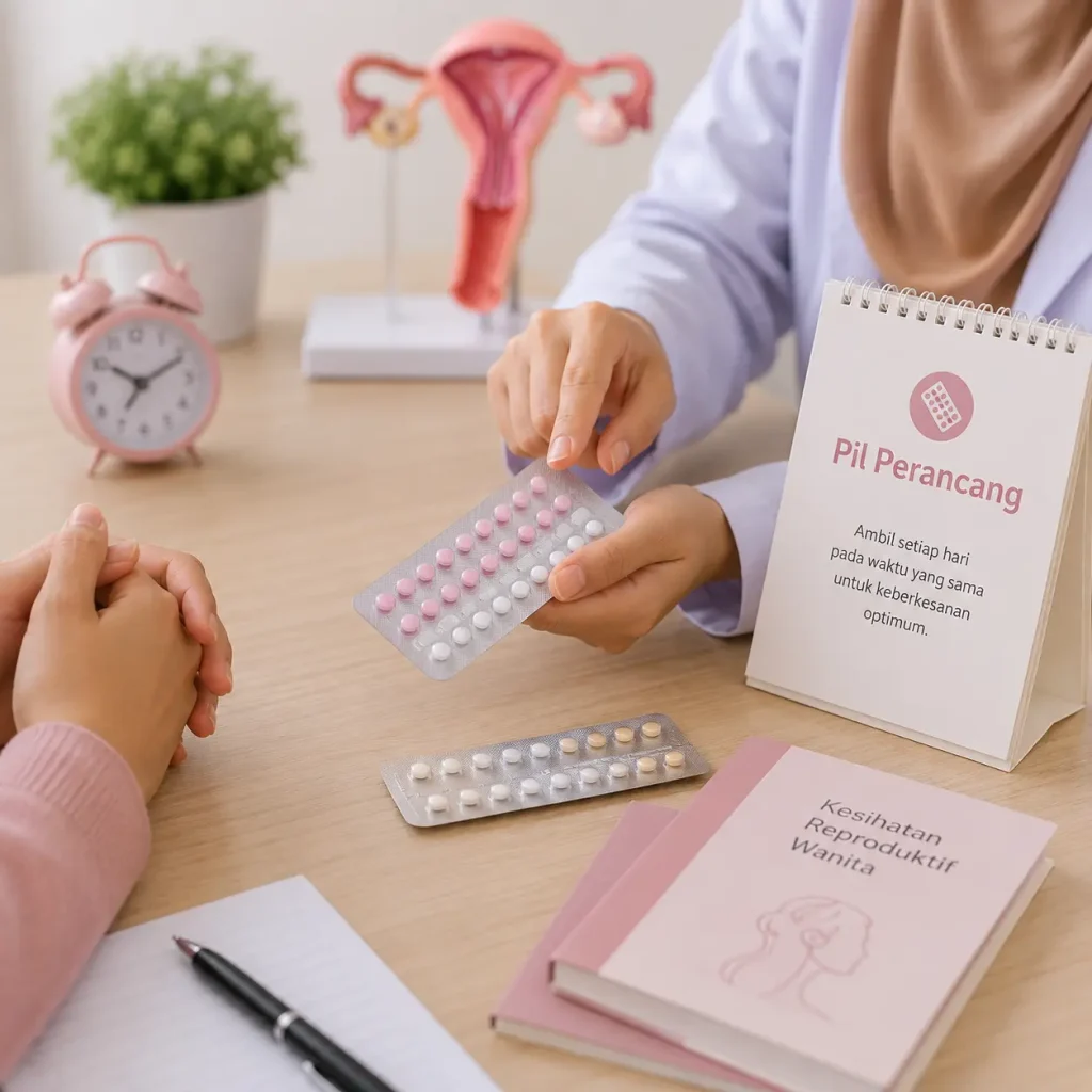 Pil perancang keluarga untuk pencegahan kehamilan dengan nasihat doktor wanita di Klinik Nur Medicare