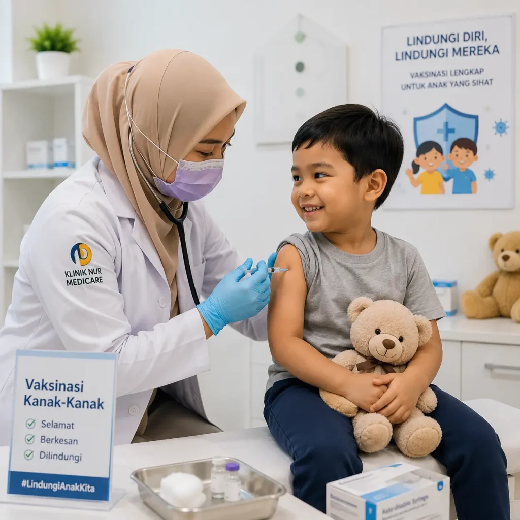 Doktor wanita memberi vaksin kepada kanak-kanak di Klinik Nur Medicare Pinggiran USJ