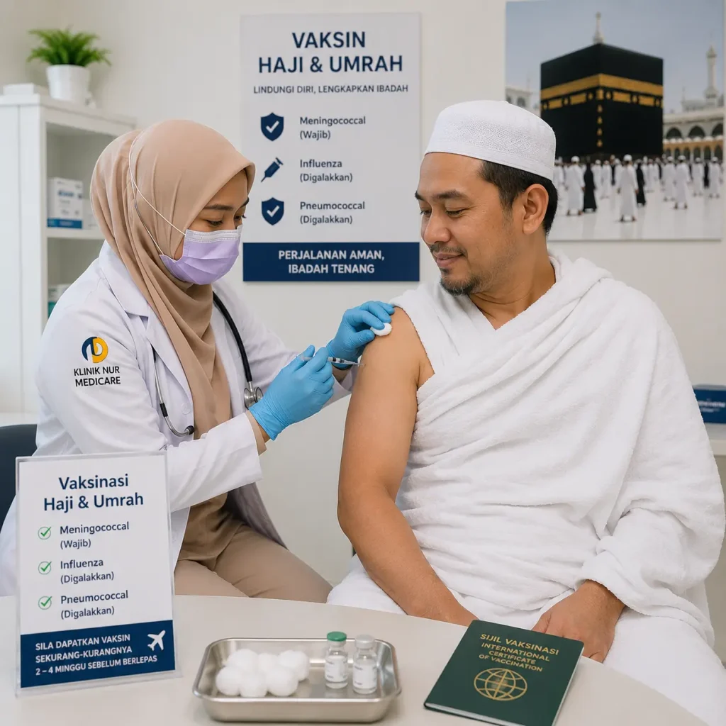 Doktor wanita memberi vaksin Haji dan Umrah kepada jemaah di Klinik Nur Medicare